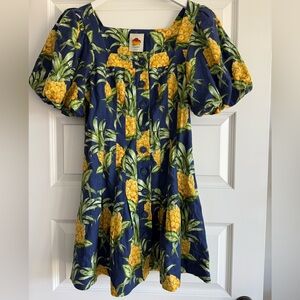 Farm Rio Navy Blue Delicate Pineapple Lenzing™ Ecovero™ Euroflex Mini Dress NWT